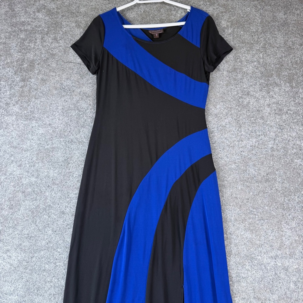 Trulli Women's Medium Black Blue Colorblock Stretch Maxi Dress Short Sleeve